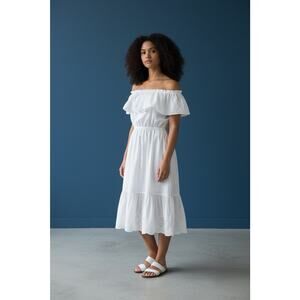 Lauren Ralph Dress Womens Size 14 White Off Shoulder Tiered Embroidered Add Belt